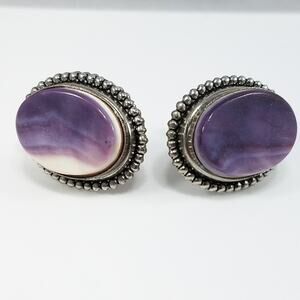 Vintage Quahog Shell Earrings Purple White Screw Back 1940s Oval